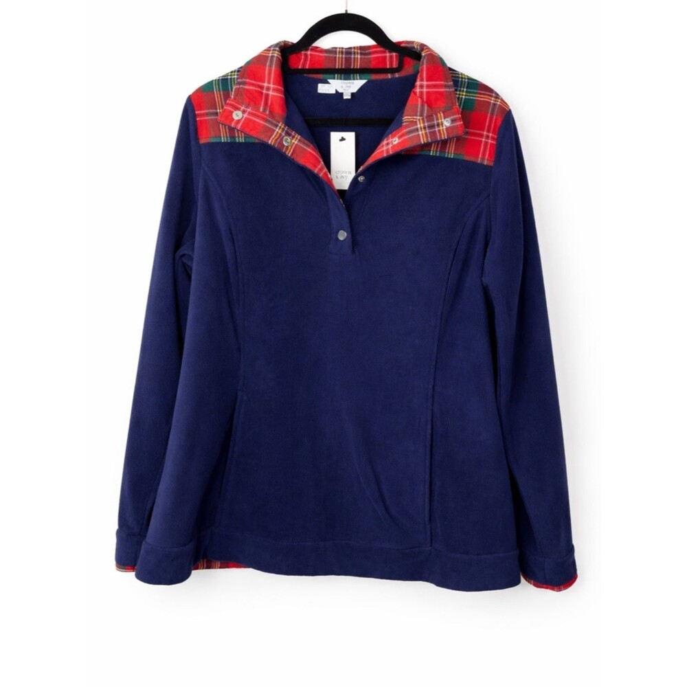 NWT Crown & Ivy Navy Fleece Pullover Red Plaid Quarter Snap Collar Winter Preppy